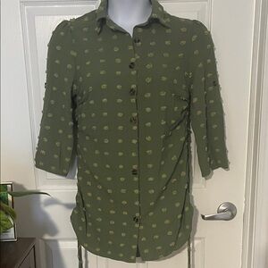Olive Green Textured Dot Button-Down Women's Top small